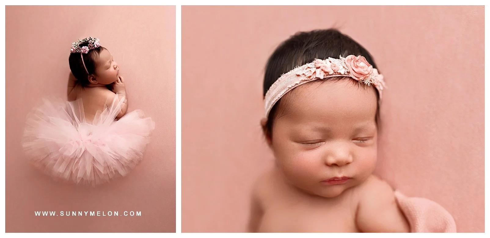 A newborn collage: Left shows a sleeping baby girl from above wearing a pink tutu and a crystal floral crown; Right shows a macro close-up of the baby's face wearing a soft pink floral headband.