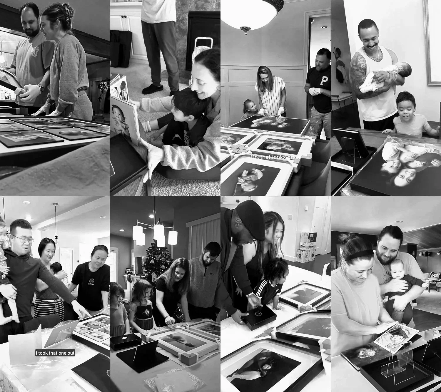 A collage of black and white images showing families and children looking through professional photo albums and unboxing matted prints on a table.