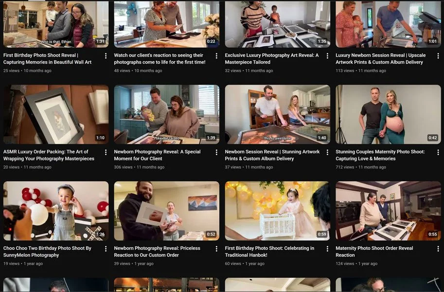 A grid of YouTube video thumbnails from SunnyMelon Photography showing luxury newborn session reveals, maternity photo shoots, and custom album deliveries.