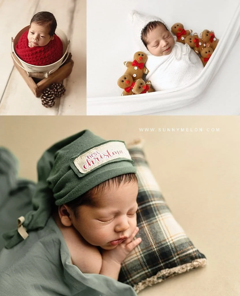 Professional "Baby's First Christmas" newborn portrait session with gingerbread and rustic holiday props.