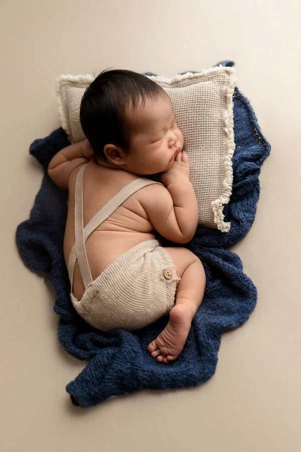 Capturing the quiet beauty of a sleeping baby, this portrait by a premier infant photographer in Portland, Oregon, features a newborn boy in a charming oatmeal knit romper with suspenders. Resting on a textured navy blue blanket and a miniature cream
