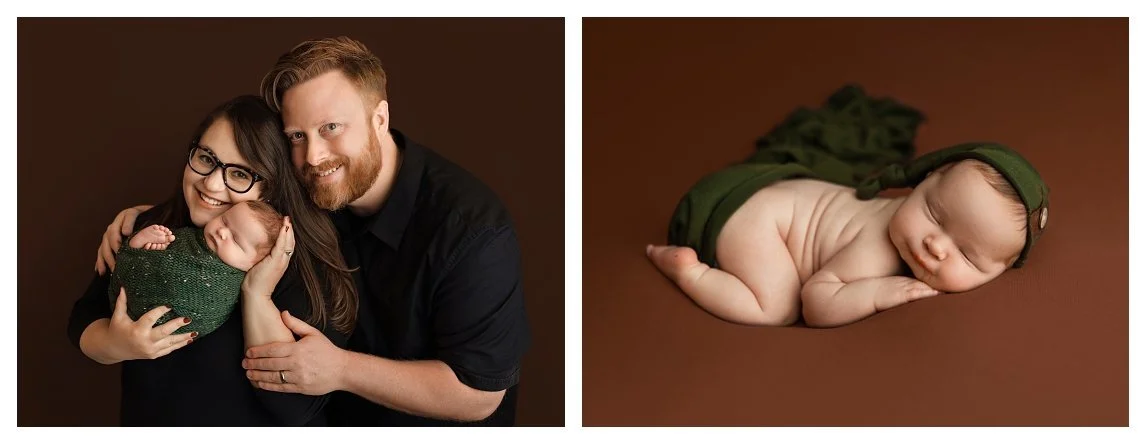 A two-image studio collage against a deep brown background; the left frame shows a mother and father smiling while holding their swaddled newborn baby, and the right frame shows the sleeping baby posed on their stomach wearing a green knot hat.