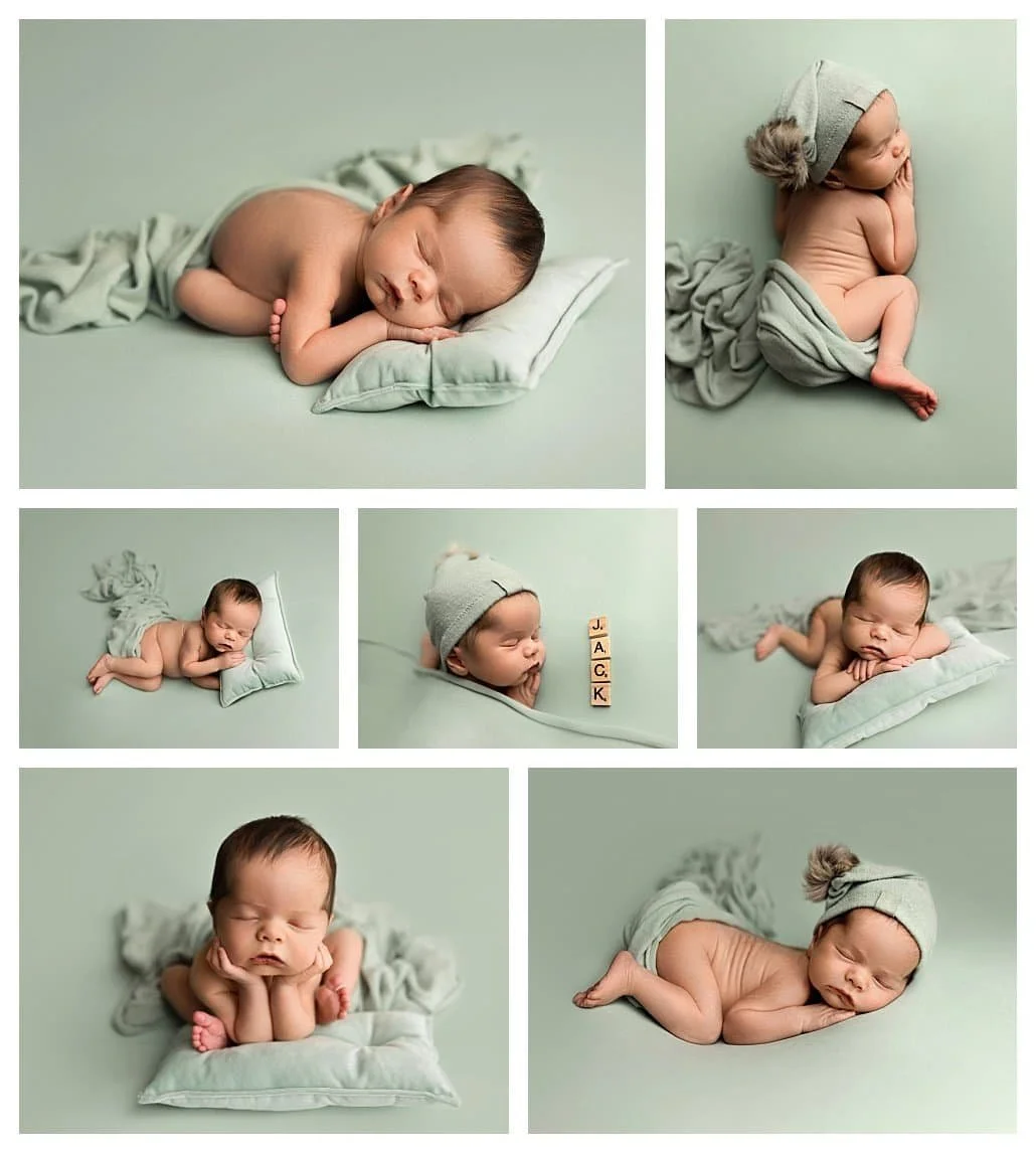Newborn Baby Boy Posed Studio Session in Sage Green