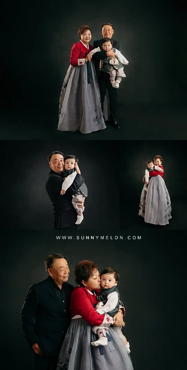 A series of studio portraits featuring a grandmother and grandfather with their young grandson.
