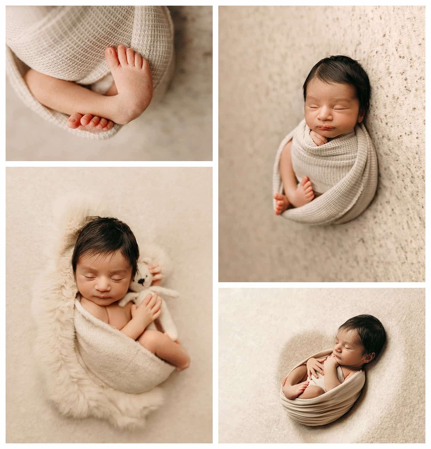 A collage of four professional newborn portraits featuring a baby sleeping peacefully in various poses.