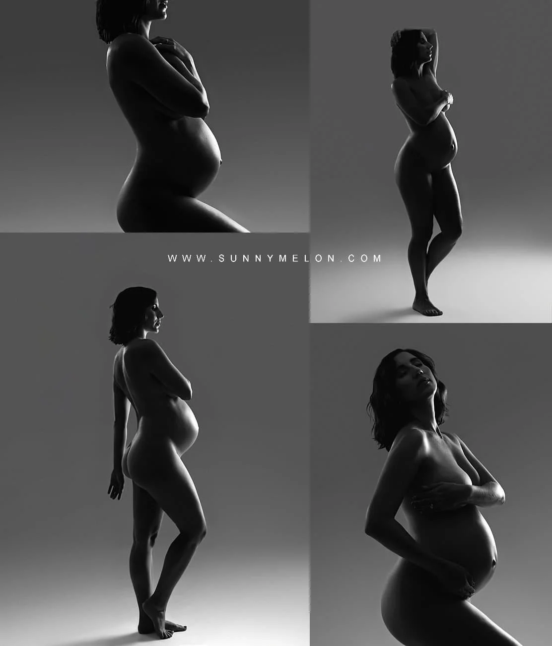 Black and white fine-art maternity silhouette collage capturing the elegance of pregnancy.