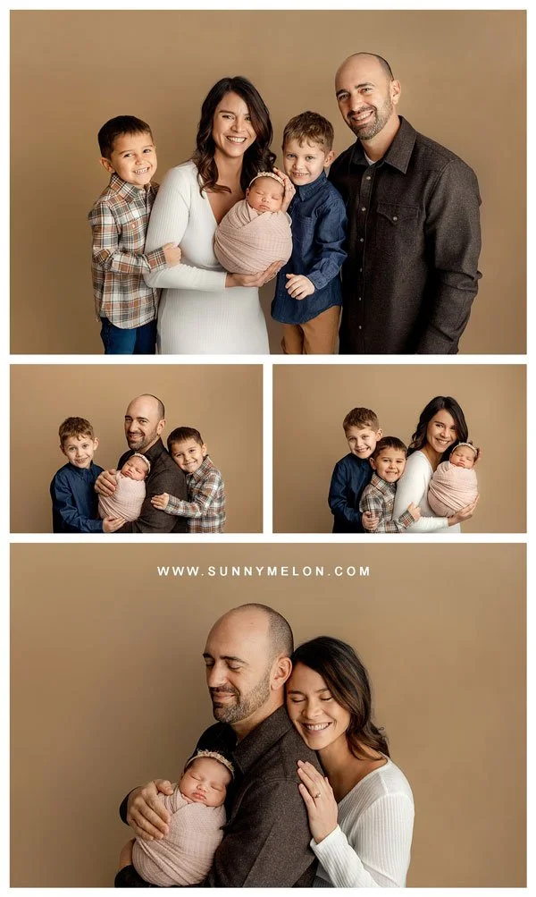 A collage of four photos featuring a family with a newborn baby and two young sons; the family wears coordinated earth tones and white, posing against a warm tan studio backdrop.