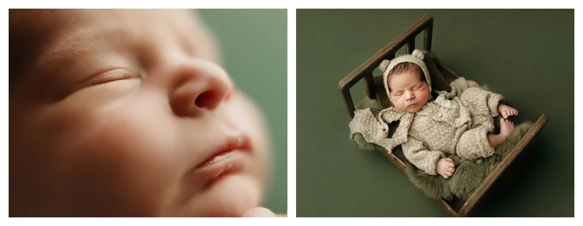 A two-image studio newborn collage; the left frame shows a macro close-up of a sleeping baby's nose and lips, and the right frame shows the baby sleeping in a miniature wooden bed prop on an olive green background.