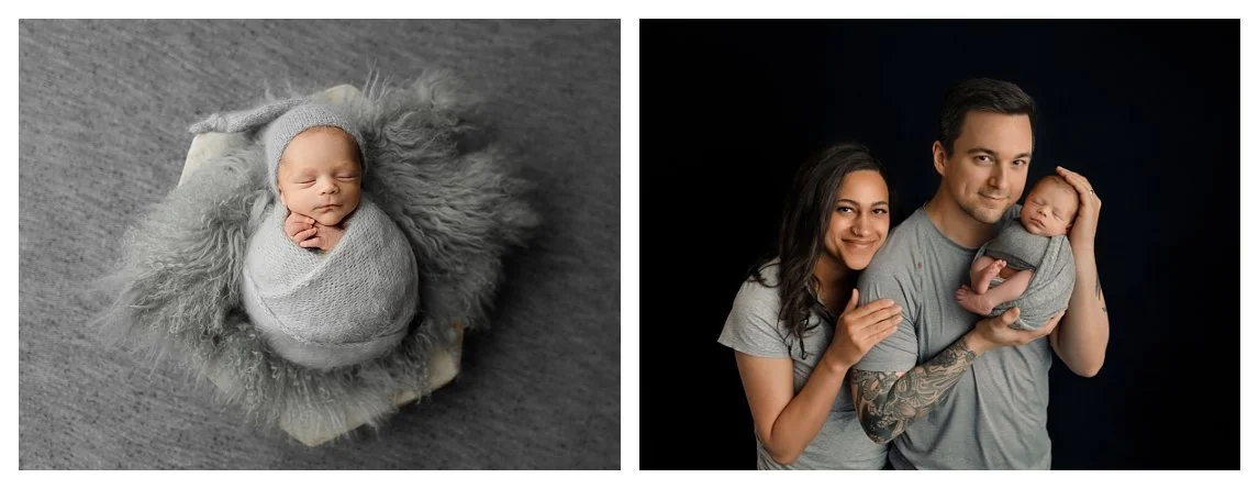 A side-by-side newborn collage. The left shows a sleeping baby in a grey swaddle and bonnet resting inside a faux-fur lined bowl; the right features a couple in grey t-shirts smiling while the father cradles the baby against a black backdrop.