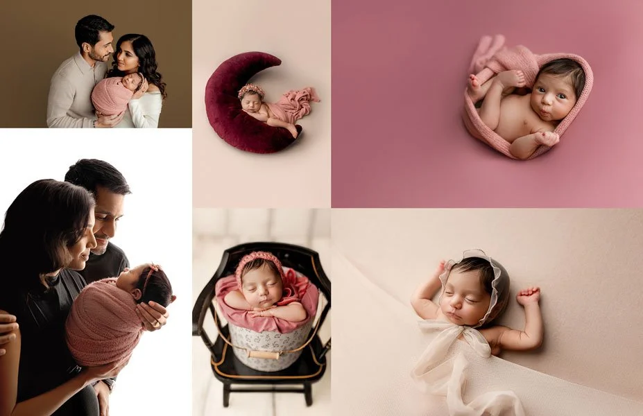 A collage of professional newborn portraits and family photos in a Portland studio, featuring babies in various poses with pink wraps, floral headbands, and moon props.