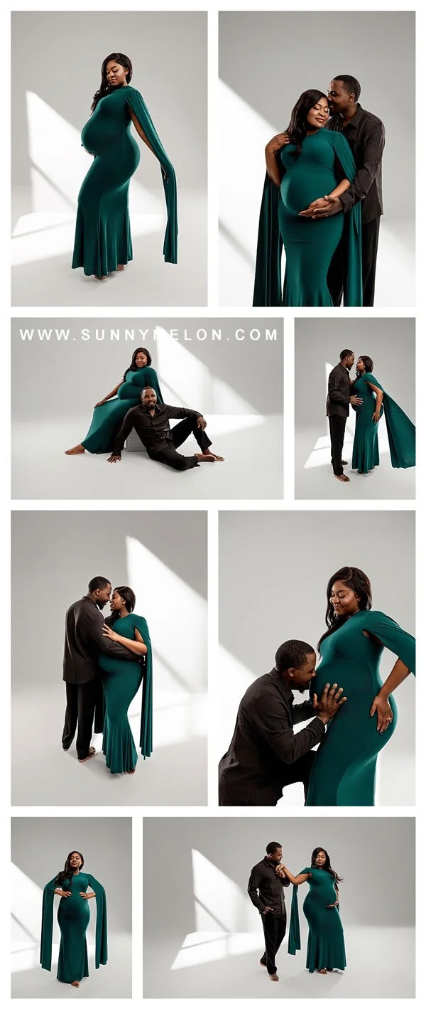 A collage of eight professional studio maternity photos featuring a woman in an emerald green cape-style gown and a man in a black button-down and trousers, set against a grey background with artistic light beams.