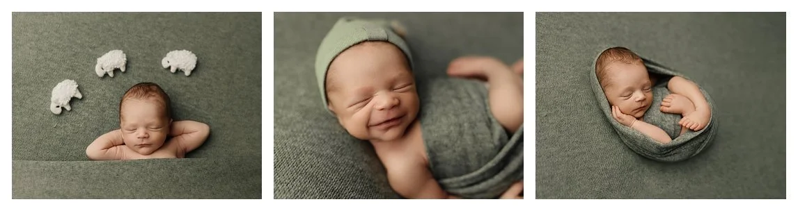 A three-panel newborn collage on a sage green backdrop. The left shows a sleeping baby with three small knit sheep props; the middle captures a close-up of him smiling in a bonnet; the right features him nestled in an oval wrap.