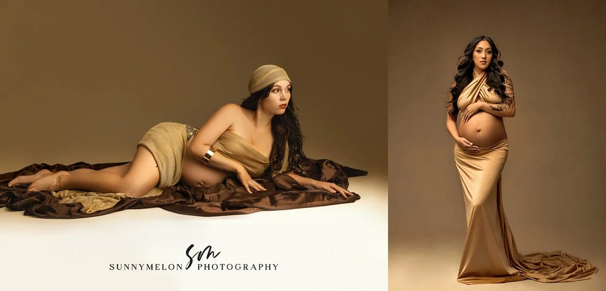 Studio maternity photography Portland Oregon with expectant mom in modern two-piece outfit showing baby bump in editorial pose