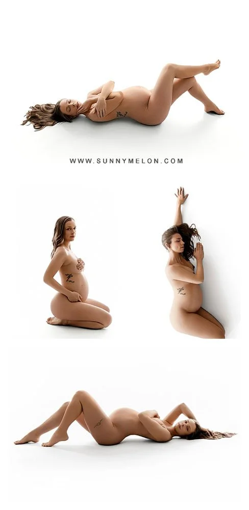 A collection of four maternity boudoir photographs featuring a pregnant woman posing nude, with carefully placed hands and hair to maintain modesty. She is shown in various positions against a plain white background, highlighting her pregnancy.