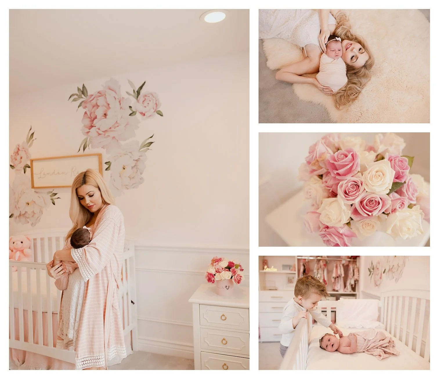 A soft and feminine newborn lifestyle photography collage featuring a mother and her baby in a pink floral-themed nursery. The images show a mother in a pink robe holding her infant, a close-up of pink and white roses, a toddler brother gently touchi
