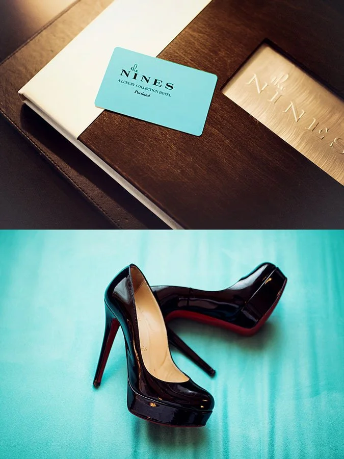 A two-image boudoir collage: the top image shows a luxury hotel key card for The Nines in Portland resting on a leather menu; the bottom image shows a pair of black patent leather high-heeled stiletto shoes on a teal surface.