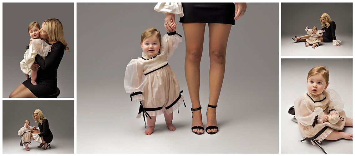 A collage of six professional studio portraits of a mother in a black dress and her toddler daughter in a cream and black tulle dress, featuring standing, sitting, and candid hugging poses.