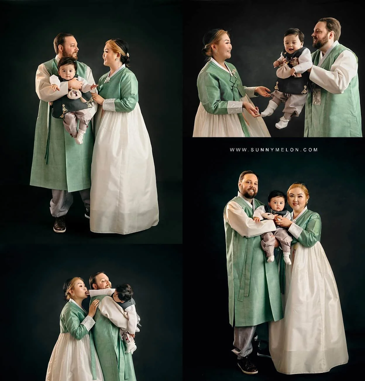 A collage of four professional studio portraits featuring a family in traditional Korean Hanbok.