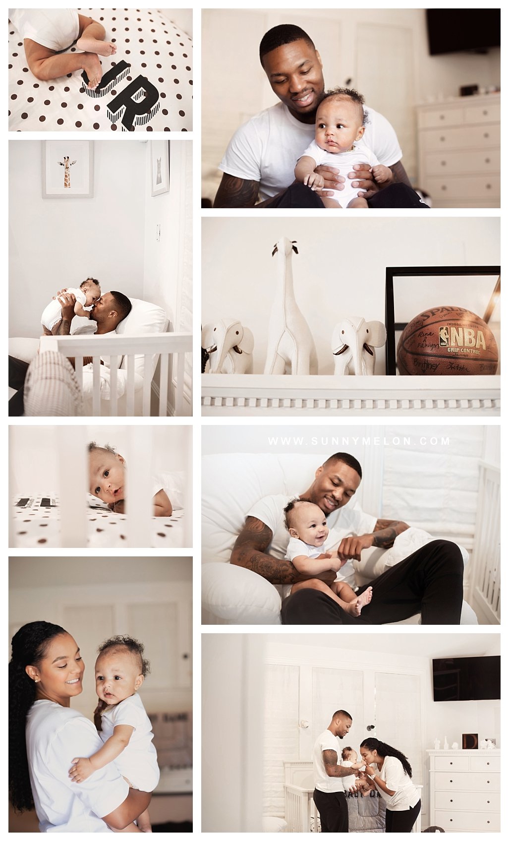 A lifestyle newborn photography collage by Sunnymelon Photography featuring Damian Lillard, Kayla Lillard, and Dame Jr. in a modern white nursery with basketball-themed decor and elegant safari animal accents.