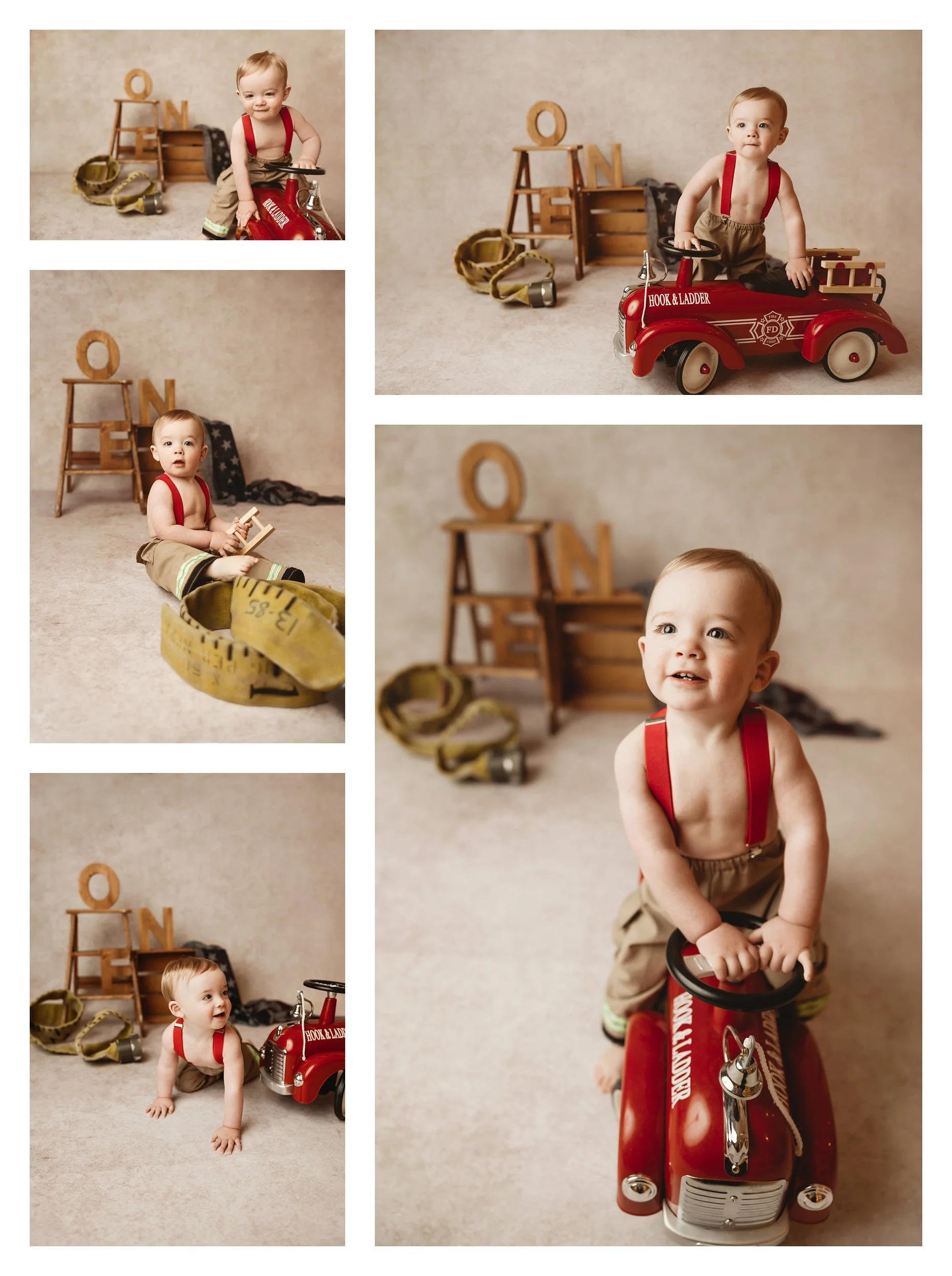 A five-panel firefighter-themed first birthday collage. Against a neutral backdrop, a baby boy in firefighter pants and red suspenders crawls, sits, and rides a vintage red pedal truck near a hose and wooden "ONE" letters.