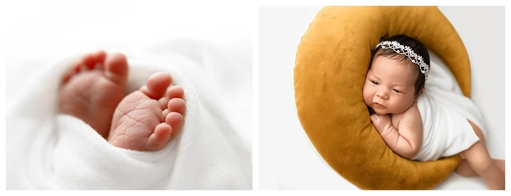 A side-by-side newborn collage: Left shows a close-up of wrapped tiny baby feet; Right shows a baby in a floral headband posing on a mustard yellow moon prop, both against a high-key white background.