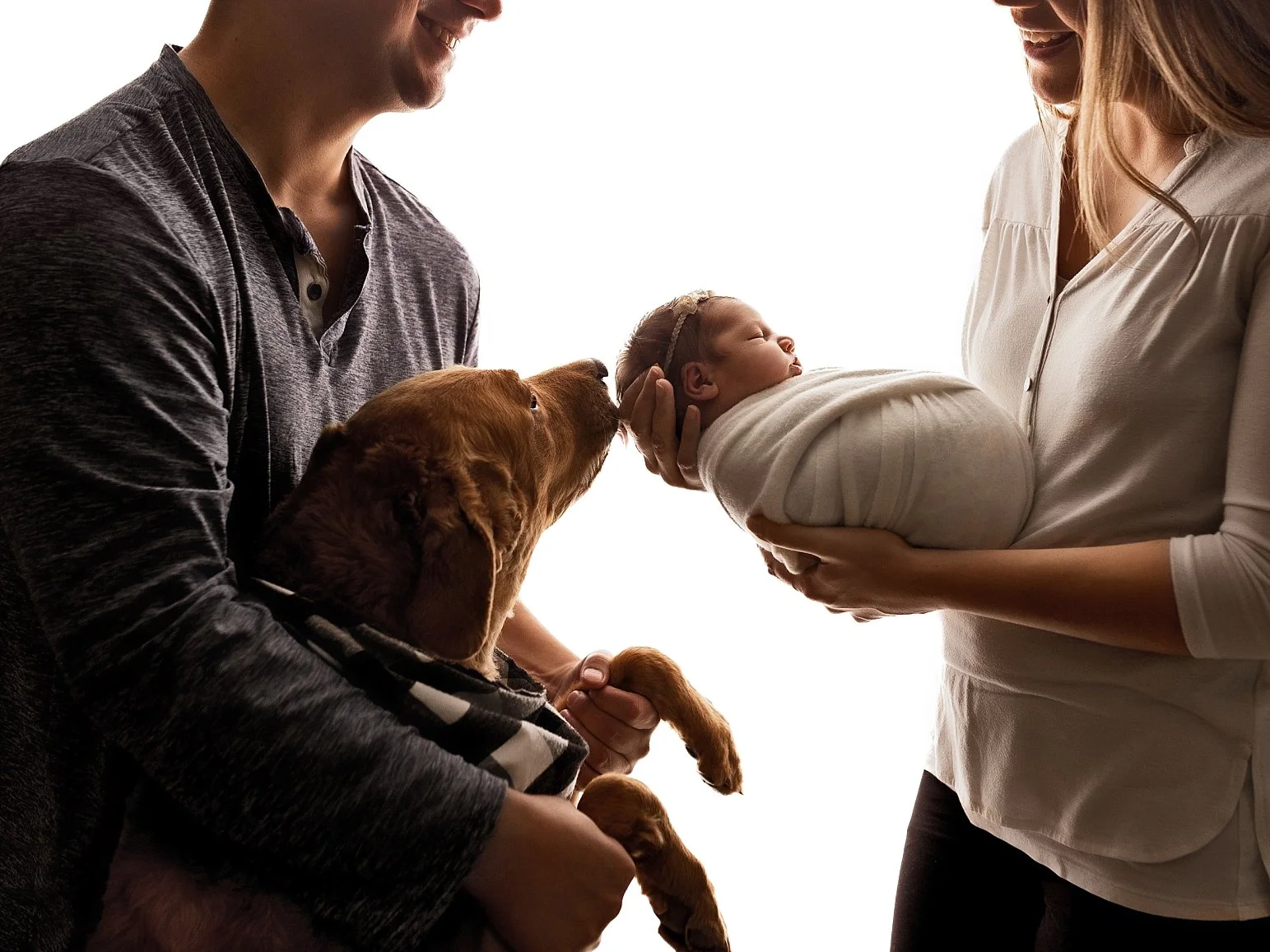 A newborn baby girl wrapped in white being held by her mother while the family dog gently sniffs the baby's head, father standing nearby in a high-key studio setting.