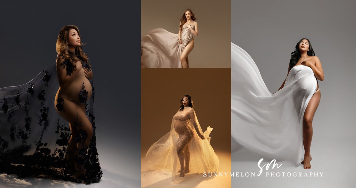 Professional maternity photography collage featuring diverse models in ethereal fabric gowns and sheer lace capes.