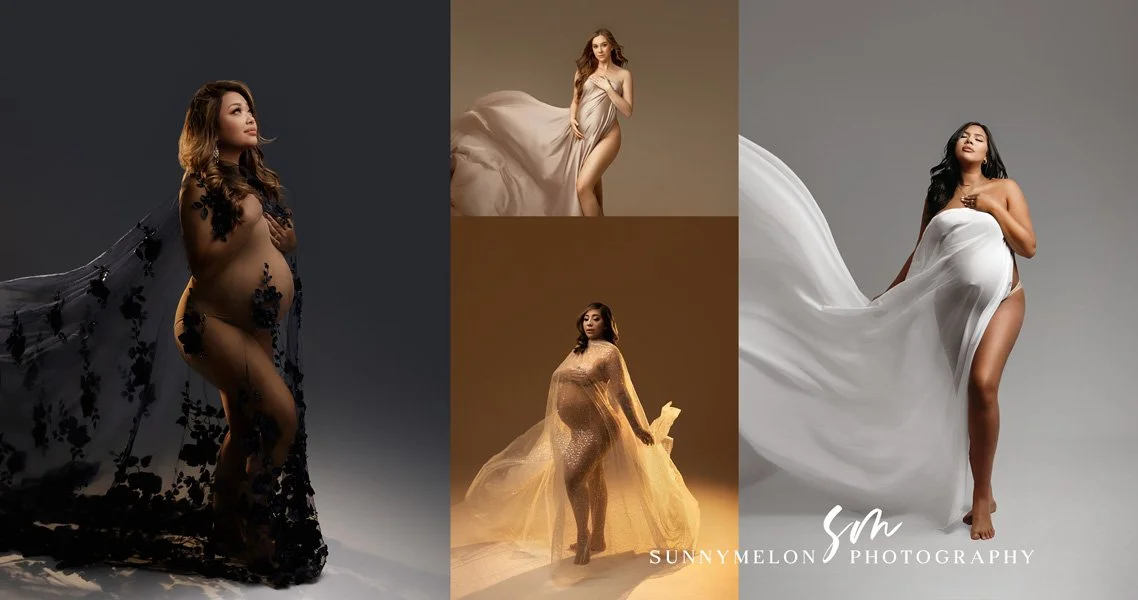 High-fashion maternity portraits Portland Oregon featuring moms in fabric draped over their bodies, highlighting baby bumps