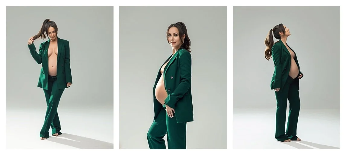 A three-panel studio maternity collage of an expectant mother in an emerald green pantsuit with an open blazer displaying her bump. She poses against a white background in full-length, close-up, and profile views while holding her ponytail.