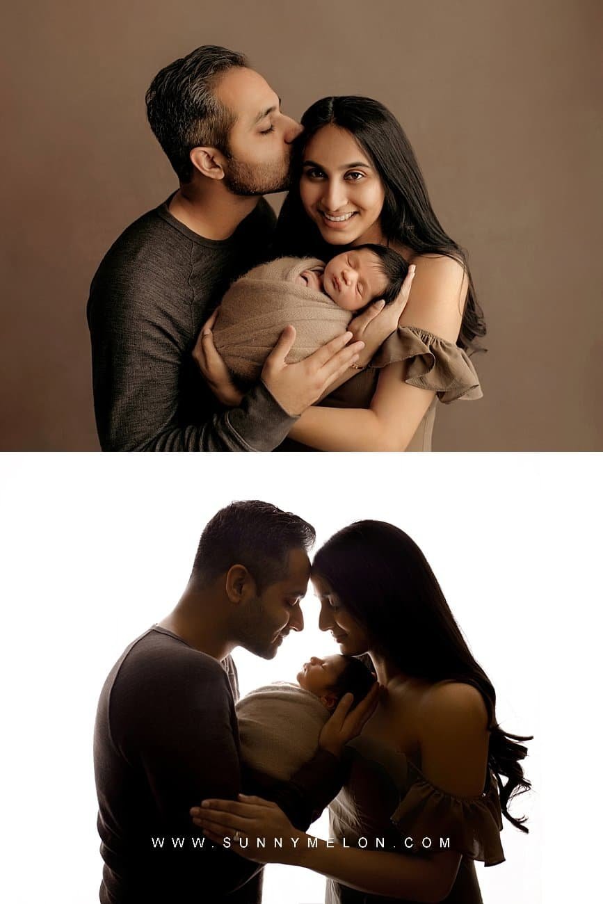 A professional photography collage featuring two styles of family portraits with a newborn.