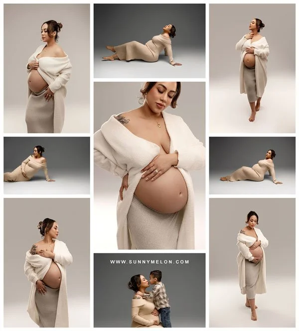 A nine-image collage of a pregnant woman in a neutral studio; featuring poses in a cream knit cardigan, a tan off-the-shoulder dress, and a heartwarming shot of her son kissing her belly against a grey background.