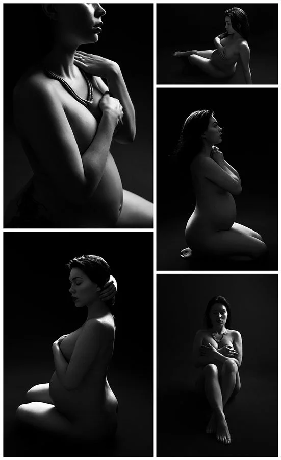 A collage of five black and white photos of a pregnant woman, posed gracefully in dim lighting, highlighting her serene expression and natural form.