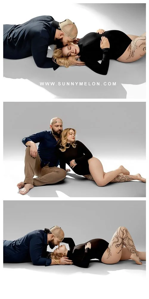 A collage of three studio maternity photos featuring a woman in a black long-sleeve bodysuit and her partner posing together on a grey floor with artistic shadows.