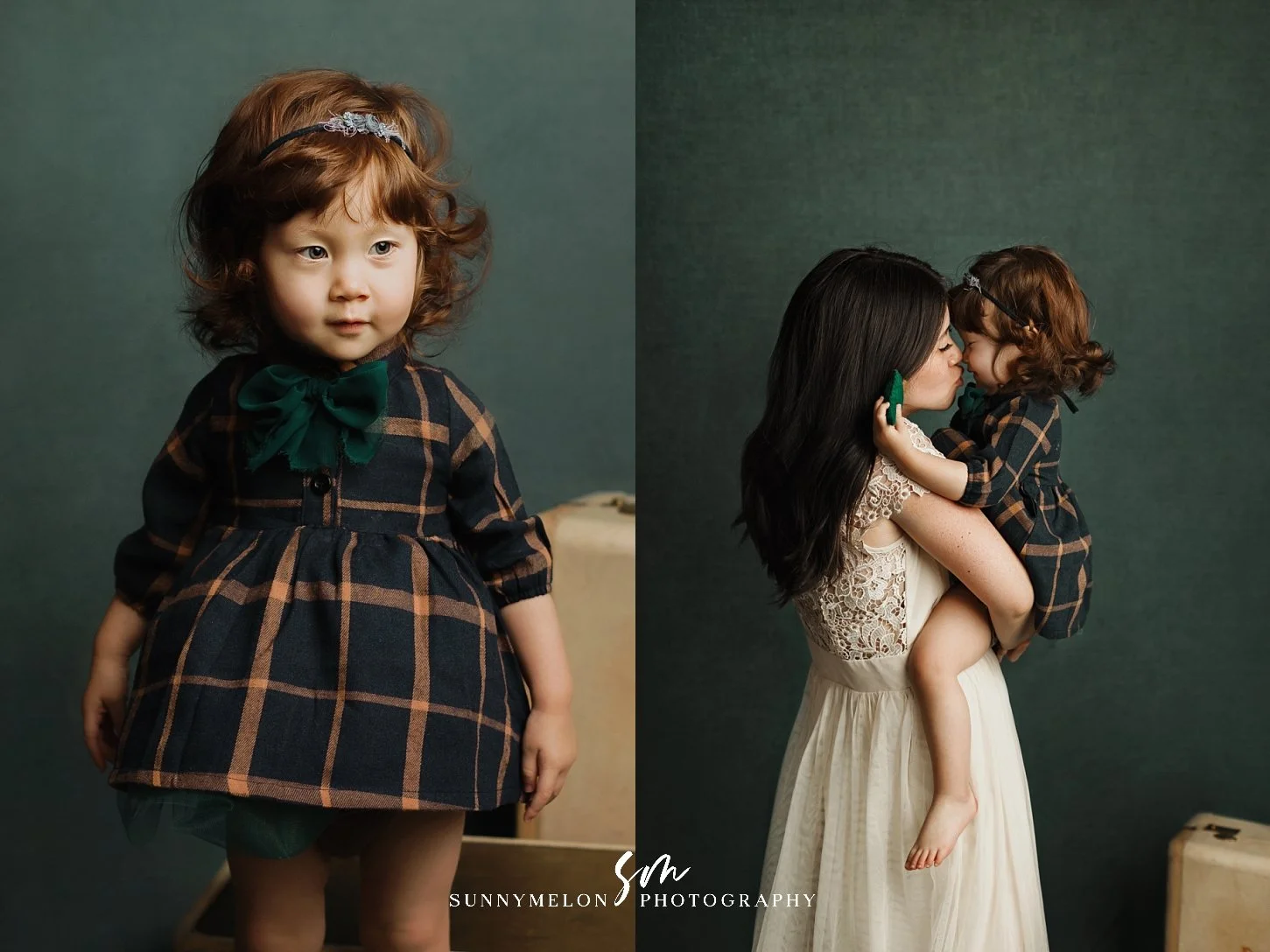 A two-image collage featuring a young girl in a plaid dress with a green bow and a touching portrait of her mother holding her, both set against a deep emerald green textured backdrop in a professional studio.