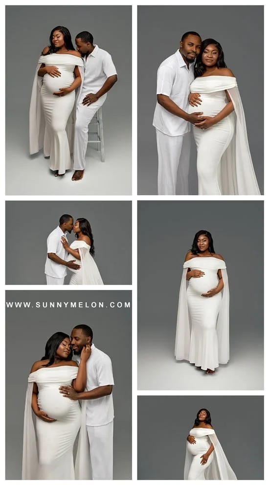 A collage of six professional studio maternity photos featuring a couple in coordinated white outfits; the woman wears a white off-the-shoulder gown with a cape, and the man wears a white button-down shirt and trousers.
