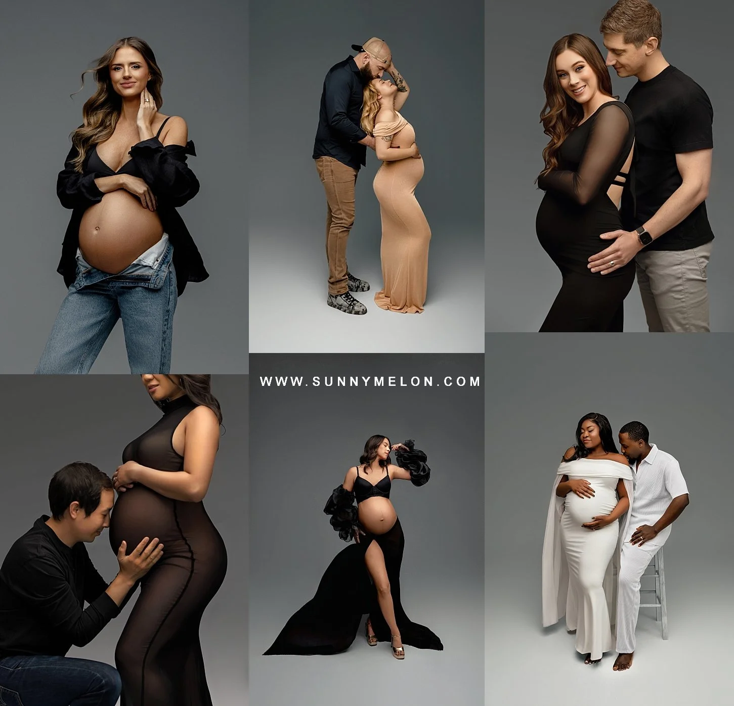 A collage of six professional studio maternity photos featuring different couples and individuals in varied outfits, including a tan maxi dress, unbuttoned jeans, and a flowing white gown, all set against a neutral grey background.