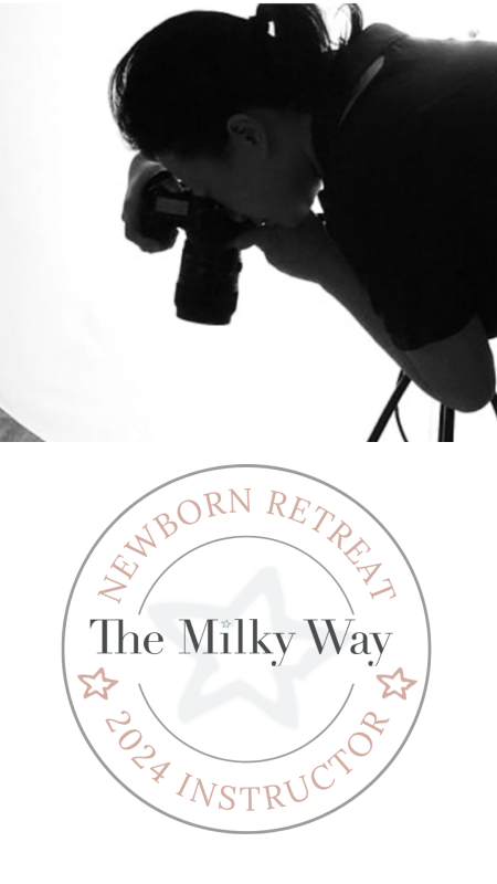 Silhouette of a photographer with a camera above a professional badge for "The Milky Way Newborn Retreat 2024 Instructor" for Sunny Melon Photography.