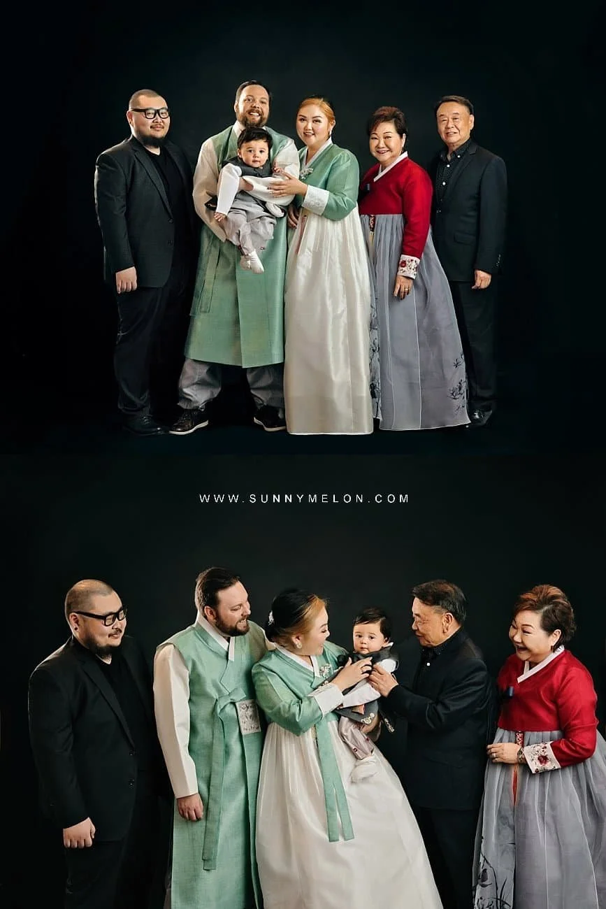 A professional studio collage of an extended family of six celebrating a child's milestone.