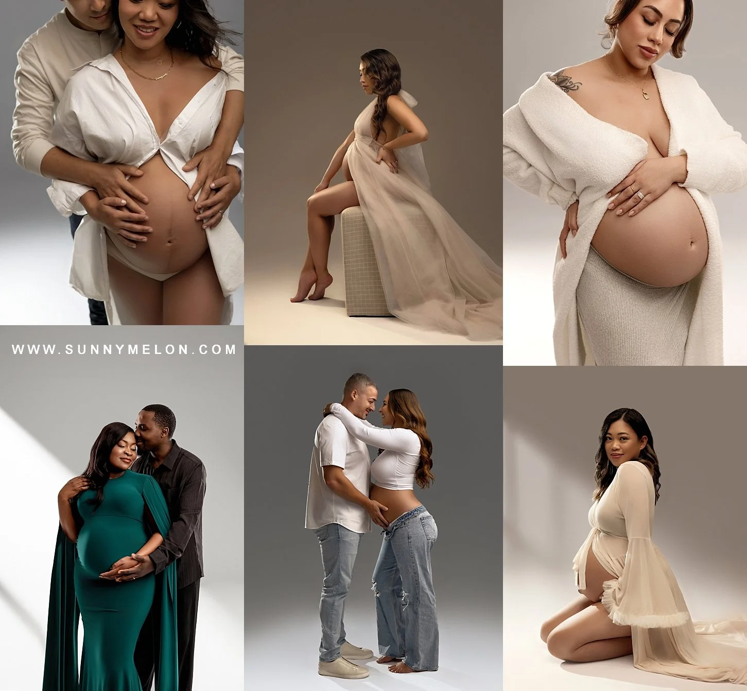 A collage of six maternity photos in a grey studio; featuring a woman in unbuttoned jeans and a white crop top, a couple in matching denim, and artistic shadow-play shots.