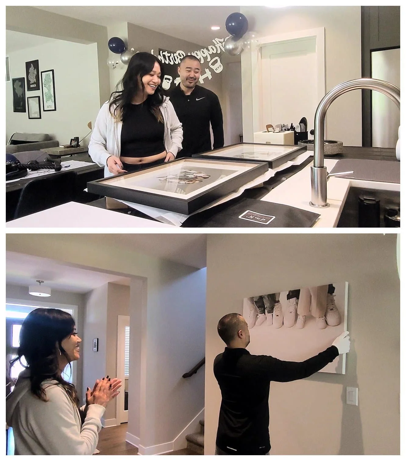 A two-image lifestyle collage; the top frame shows a smiling couple unboxing large custom-framed matted family portraits on a kitchen island, and the bottom frame shows a man in white gloves hanging a large canvas print on a wall while a woman claps.