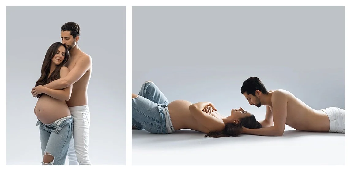 A two-image studio maternity collage of a couple against a light gray backdrop; the left shows a standing embrace from behind, and the right features the wife lying down with her husband leaning over her.