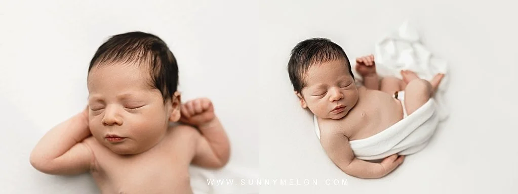 Simple and timeless sleeping newborn portraits on a seamless white background.