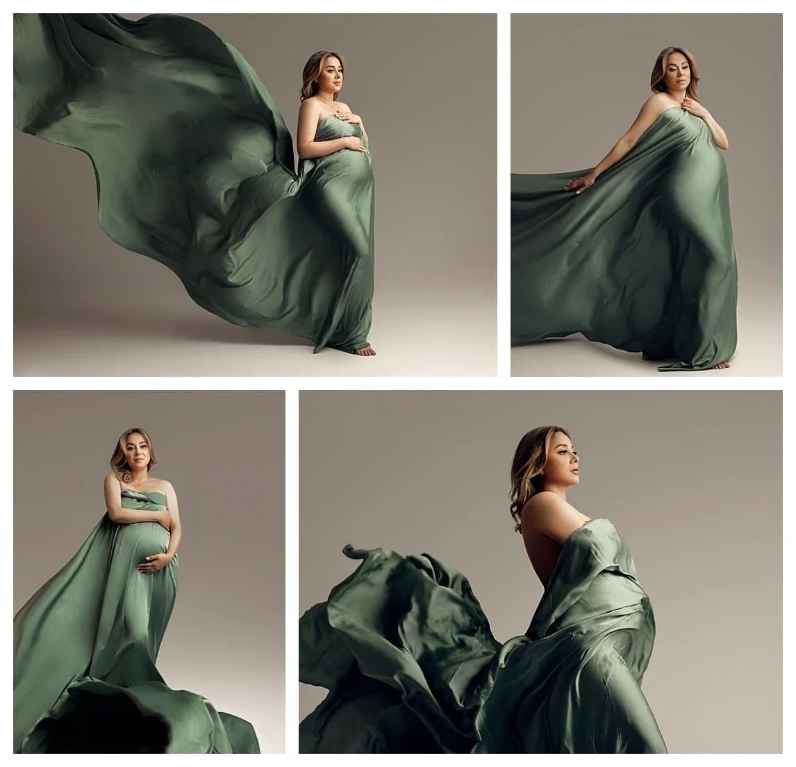Editorial Fine Art Maternity Session with Sage Green Fabric Toss
