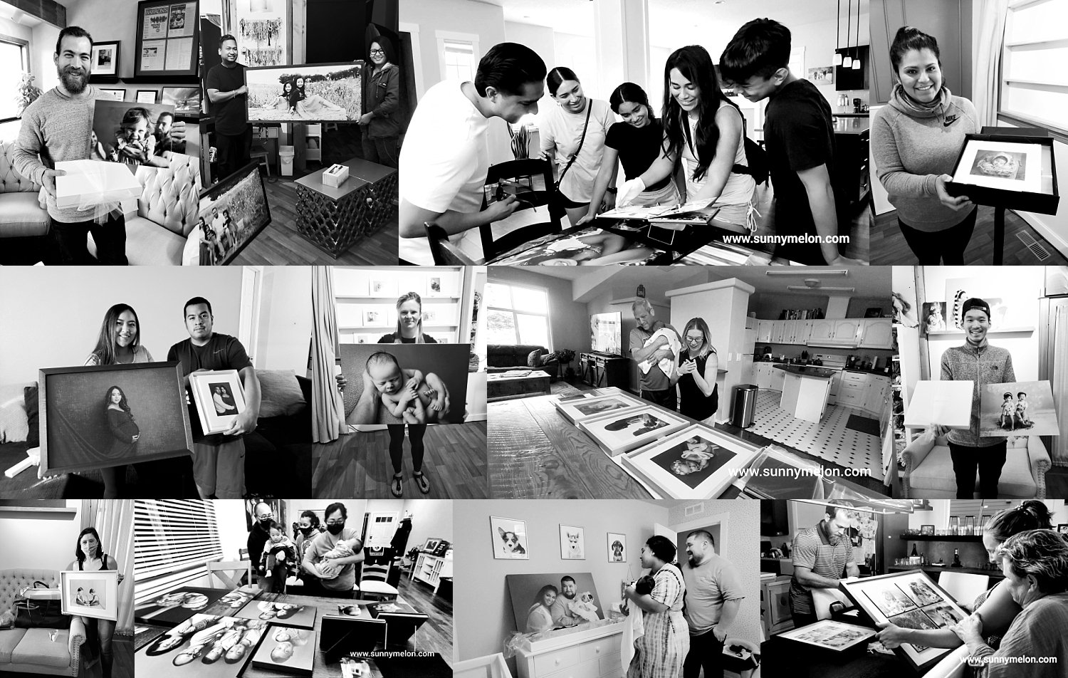 A black and white collage showing diverse families, couples, and parents excitedly viewing and holding large framed portraits and professional photo albums from Sunny Melon Photography.