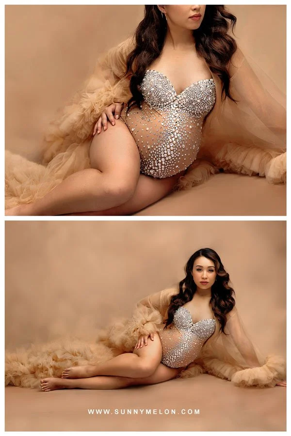 A glamorous maternity photography session featuring a woman in a sparkling crystal-encrusted bodysuit and a tan tulle ruffle robe, posing in a warm-toned studio.