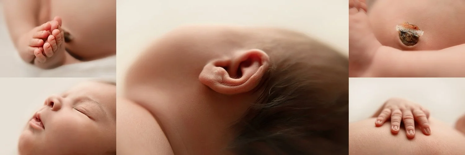 A collage of five close-up newborn photography images featuring a baby's ear, tiny fingers, toes, sleeping face, and umbilical cord stump.