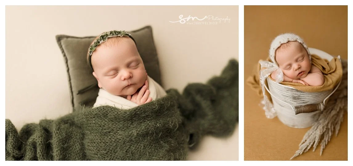 A two-image studio newborn collage; the left shows a swaddled sleeping baby with a green headband under a fuzzy olive blanket, and the right shows the baby sleeping inside a white vintage bucket prop.