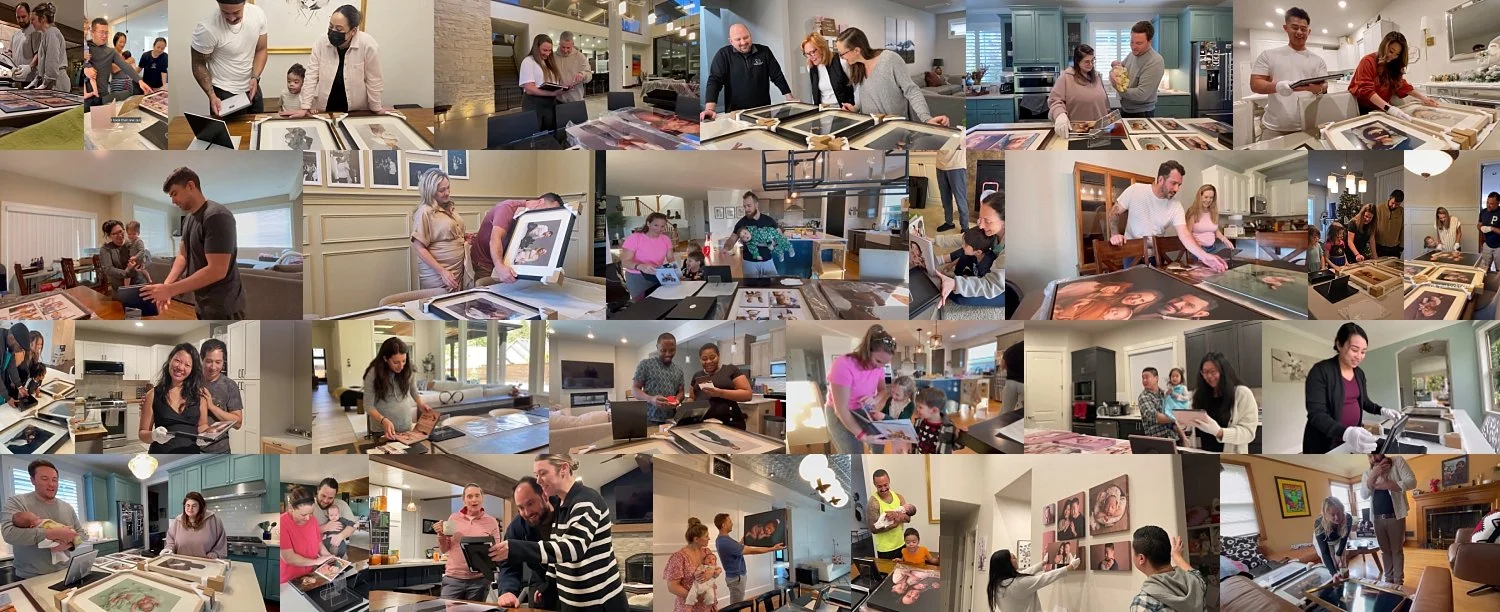 A grid of photos showing various families in their homes excitedly unboxing and displaying large-format framed portraits and archival albums.