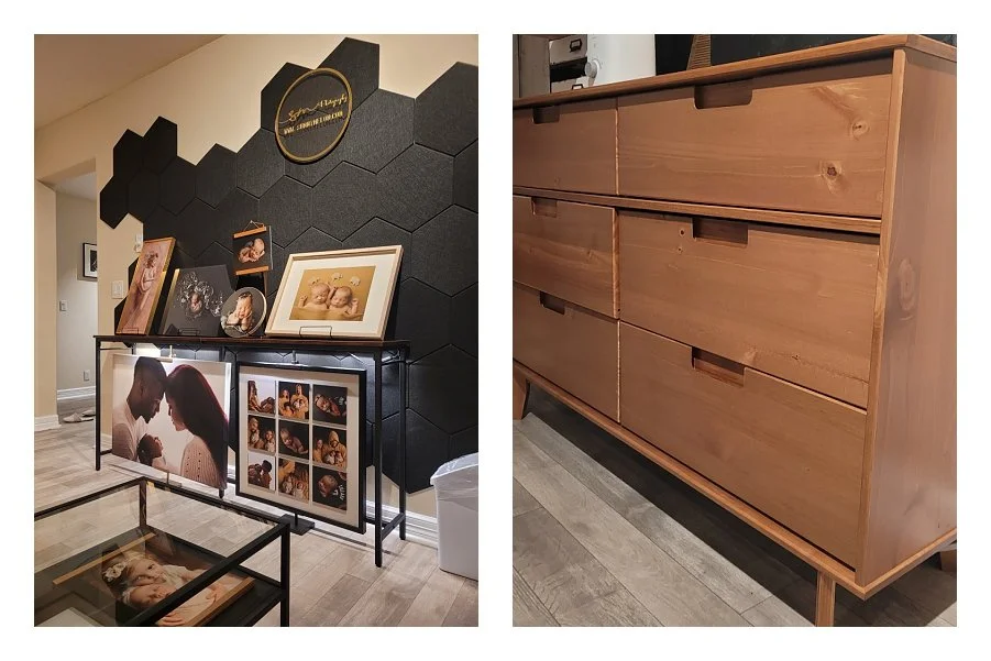 A two-image photography studio collage; the left shows a display table with framed family and newborn portraits against a black hexagonal wall, and the right shows a mid-century modern wooden dresser.