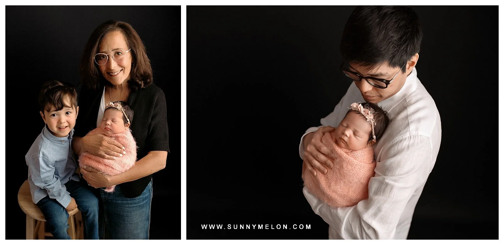 A family collage: Left shows a grandmother and toddler grandson while holding a newborn baby girl in a pink wrap; Right shows a father cradling the same newborn against a dark studio background.